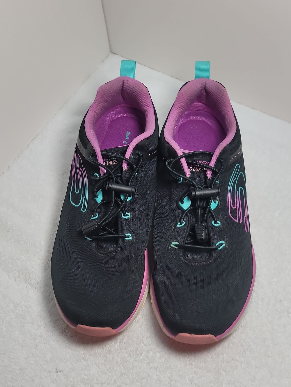Women's Black Athletic Skechers  Sneakers with Pink & Teal Accents. Size 11 300
